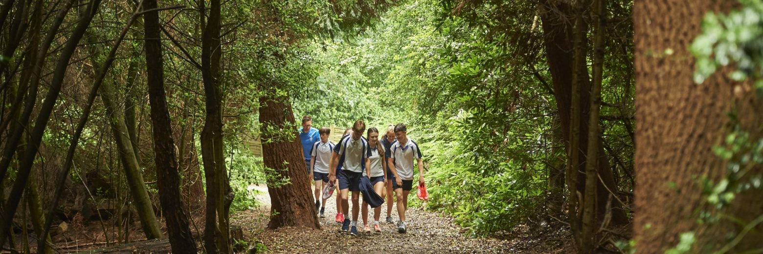 group of teenagers walking through woods