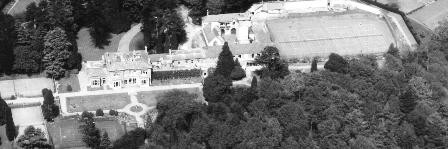 Black and white birds eye view of the school