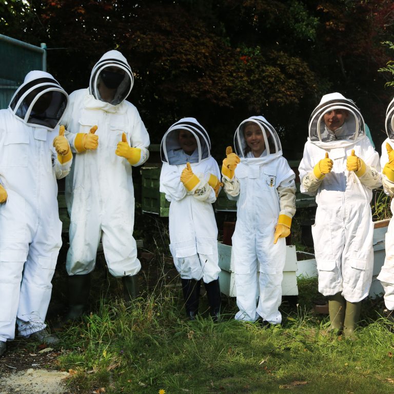 children and teachers dressed as bee keepers