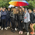 students out in the rain